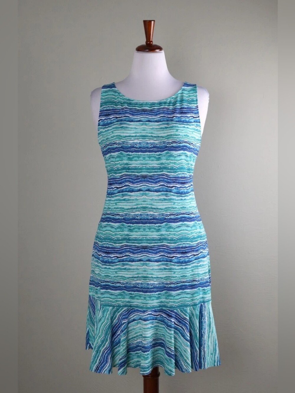 Sleeveless Blue & Aqua Striped Flounce Hem Dress